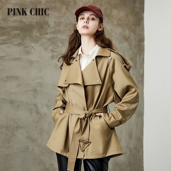 

womens wool blends pink chic spring autumn mid length windbreaker turn down collar women double breasted urban style lace up leisure trench, Black