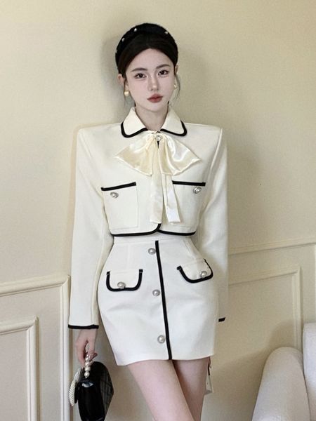 

two piece dress spring korean small fragrant 2 set women bow contrast jacket coat crop mini skirt sets streetwear suit 230828, White