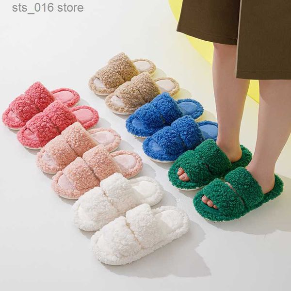 

slippers autumn new fluffy slippers for women warm home slippers women cozy slides female candy color indoor house soft roller slippers t230, Black