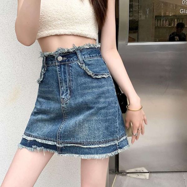 

jeans half skirt tassel short high waist summer nostalgia flanged a line, Black