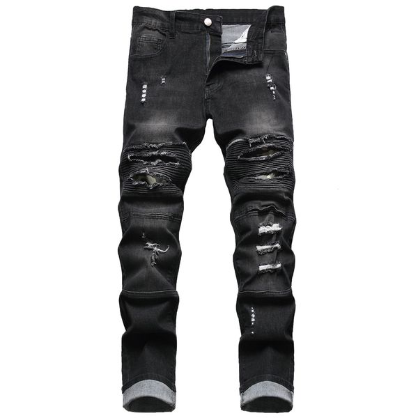 

mens jeans ripped stretch jeans black motorcycle slim casual 230828, Blue