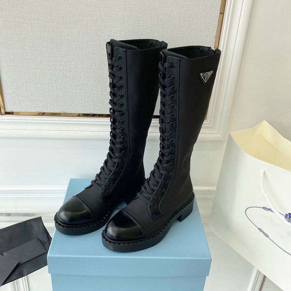 

2023autumn and winter triangle logo women's british style boots high women's shoes martin boots short boots lace up nylon mid boot, Black