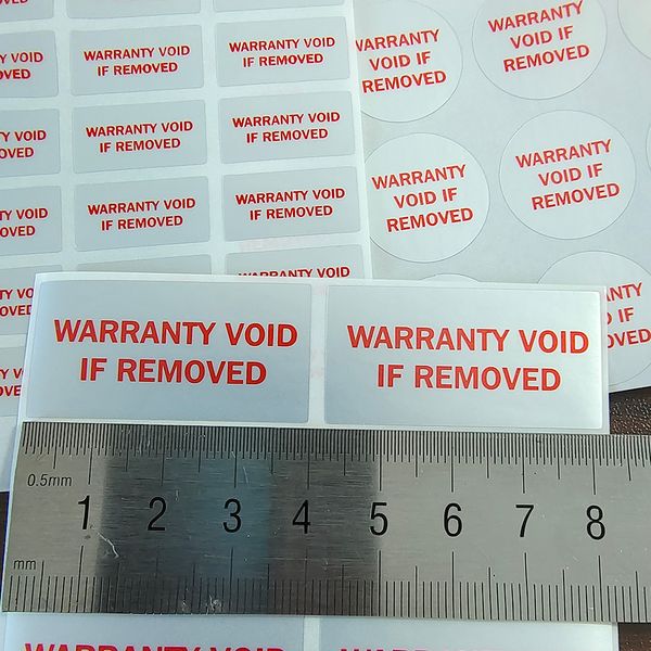 

warranty void if removed security seal tamper evident removal proof package safety sticker red printing on silver vinyl tag