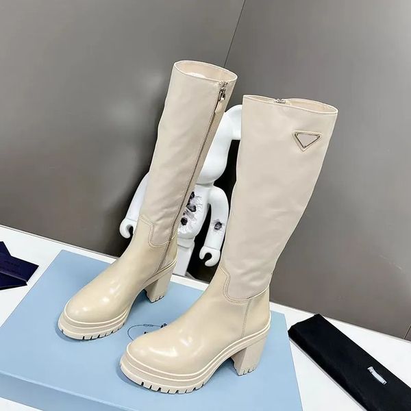 

triangle brushed leather nylon knee boots chunky block heels almond toe slip-on zip booties women's luxury designers fashion shoes fact, Black