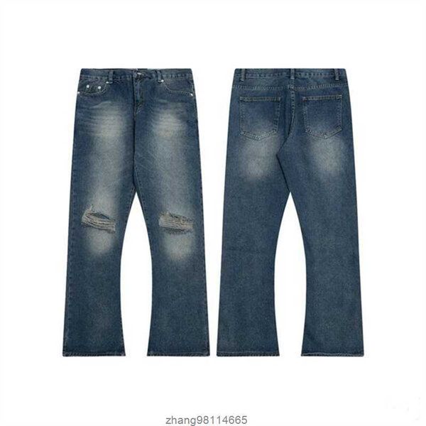 

2023 color spliced washed jeans mens oversize wide leg straight denim flare pants retro loose casual trousers ###, Blue