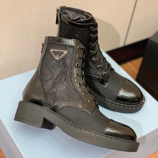 

triangle brushed leather and mesh ankle boots flat heel pointed toe booties women's luxury designers fashion casual western dress shoes, Black