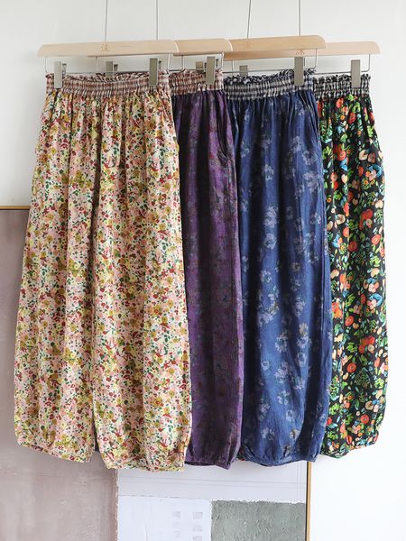 

women's pants s spring summer women sweet mori kei girl loose flower print comfortable elastic waist ramie pantstrousers 230828, Black;white