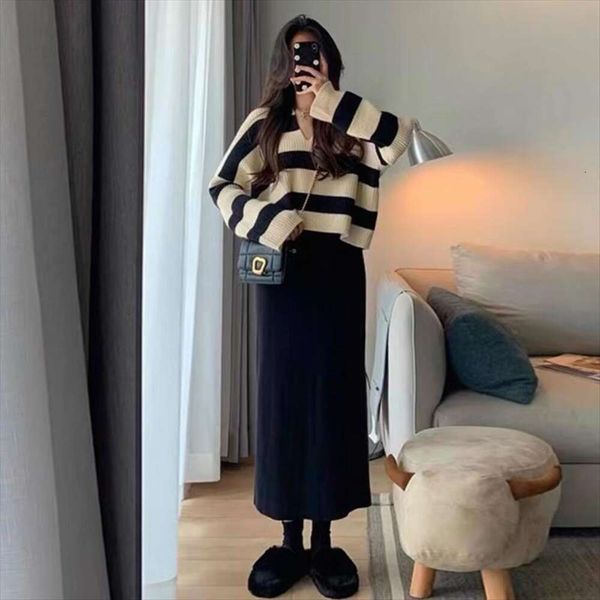 

add weight size womens sweaters autumn and winter fat mm age reduction college style striped sweater skirt two, White;black