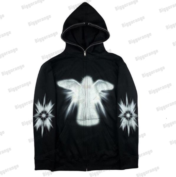 

mens hoodies sweatshirts y2k angel print hoodie sweatshirt men autumn sweatshirts american fashion loose hiphop long sleeve trend zipper 23, Black