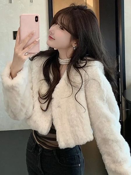 

womens fur faux women short lamb jacket vneck furry white fluffy 230828, Black