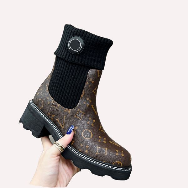 

plaid leather ankle boots christmas boots platform slip round flat platform half boots high women's chunky heel rider boots004
