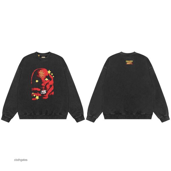 

loose letter men's deptt hoodies street fashion gallerry women's sweater washed hoodie old hooded high mens round print neck sweat, Black