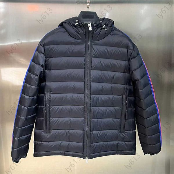 

winter jacket zip hoodie feather puffer jackets striped trim logo quilted hooded zip long sleeve down coat designer hoodies for men, Black