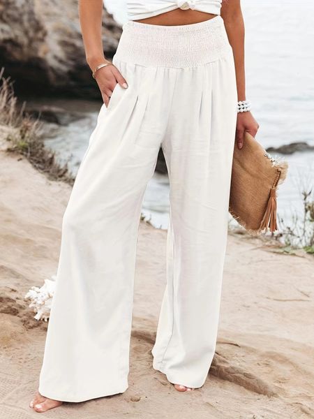 

women's pants solid color long casual cotton linen loose wide leg office lady elastic high waist oversized trousers 2023 230828, Black;white