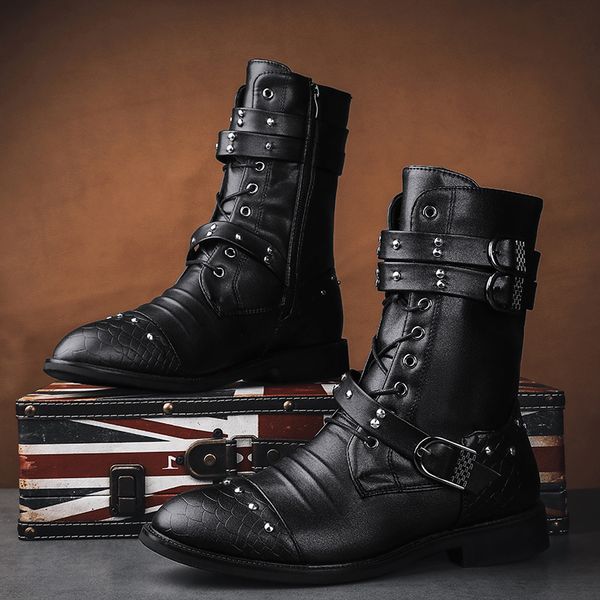 

boots trend rivet black pointed motorcycle man comfortable leather high men warm plushed winter shoes botas de hombre 230829