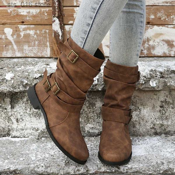 

boots cootelili 2023 women ankle boots round toe women cowboy boots shoes woman buckle slip on flats 2.8cm heels plus size 41 42 43 t230829, Black