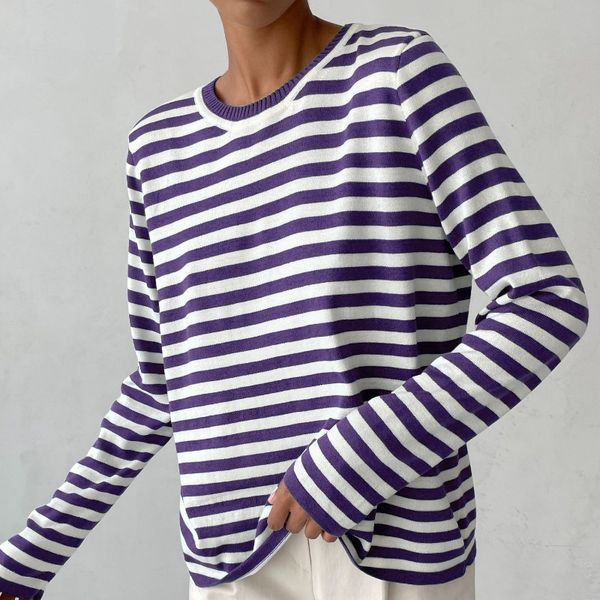 

collar knit striped sweater 2023 autumn/winter women's versatile commuting style classic stripes, White