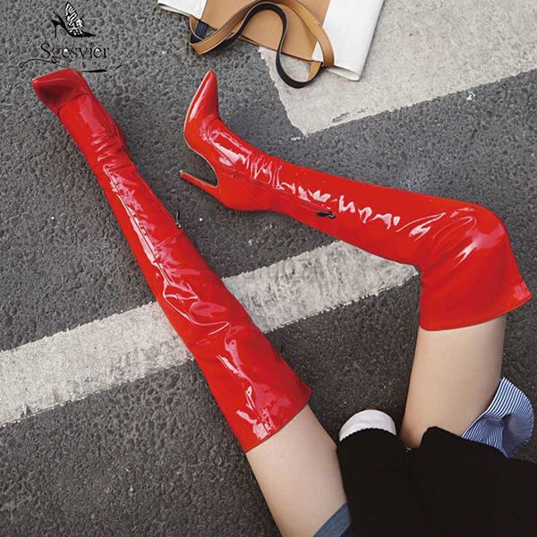 

boots mirror leather thigh high boots women high heels over the knee boots for women point toe white red fetish party long shoes l0829, Black