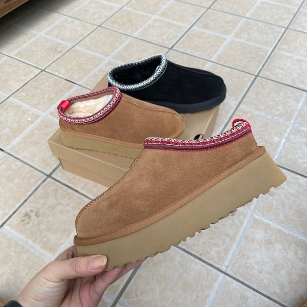 

tasman tazz slippers chestnut fur slides sheepskin shearling classic ultra mini platform boot winter mules designer women men slip-on shoes, Black