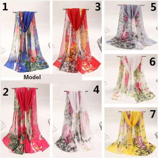 

spring silk chiffon print scarf korean style all match, Blue;gray