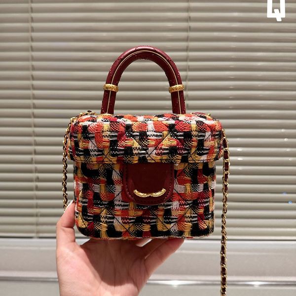 

colorful tweed wool knitting women designer mini box bag carved gold metal hardware with handle matelasse chain cross body shoulder handbag
