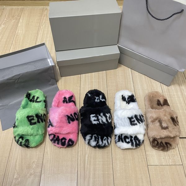 

designer furry slide balenciegas logo loafers paris womens fleece wool casual slippers letter platform flat mule warm fur chaussures fuzzy p, Black