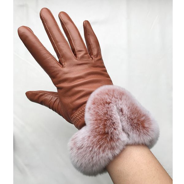 

mitten winter genuine sheepskin leather glove with rex rabbit fur cuff warm female leather gloves hand warmer 230828, Blue;gray