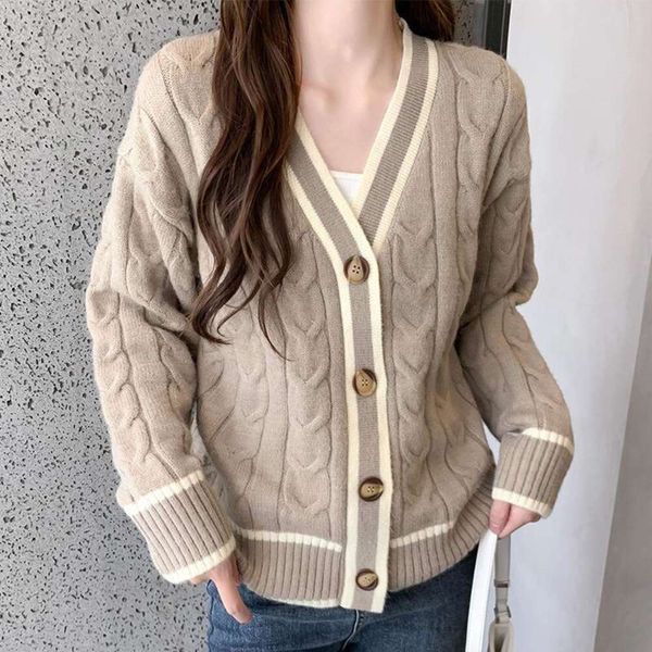 

color matching v neck sweater coat for women autumn and winter style temperament spiral slim looking twisted, White;black