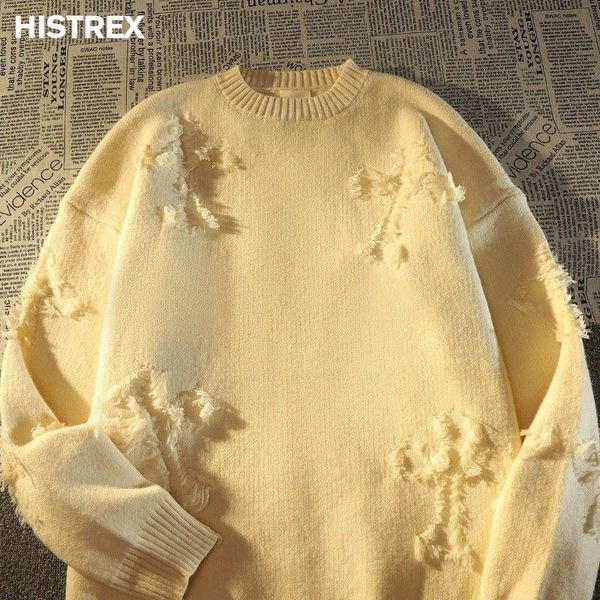 

men's sweaters autumn winter y2k hole fringed sweater men loose versatile long sleeve sweater pullover retro oversized women streetwear, White;black