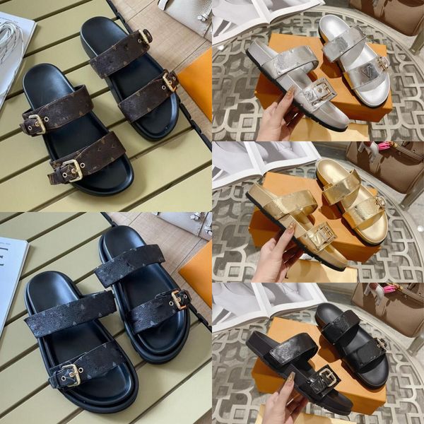 

bom dia women slippers buckle leather sandals men shoes flat mules flat rubber slides platform sandal summer beach slide mens flip flops lux, Black