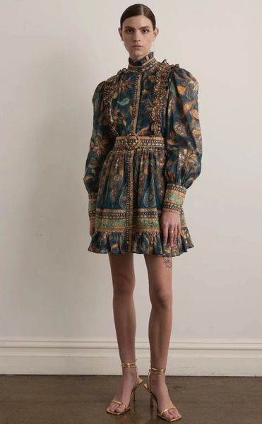 

basic & casual dresses standing collar pleated vintage printed dress, Black;gray