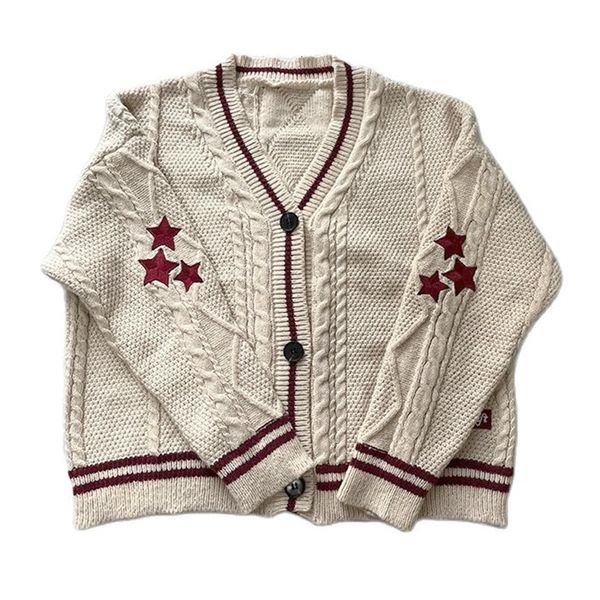 

women s knits tees ins fashion v neck single breasted knitted sweater autumn star embroidered cardigan casual long sleeve crochet 230829, White