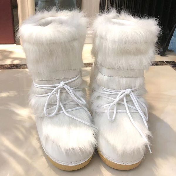 

boots winter snow boots women ski boots fluffy hairy lace up middle calf platform flat with white ski boots 230829, Black