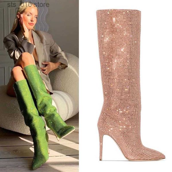 

boots paris station fashion women's boots pointed toe high heel boots crystal boots four seasons party knee high boots big size42 t2308, Black