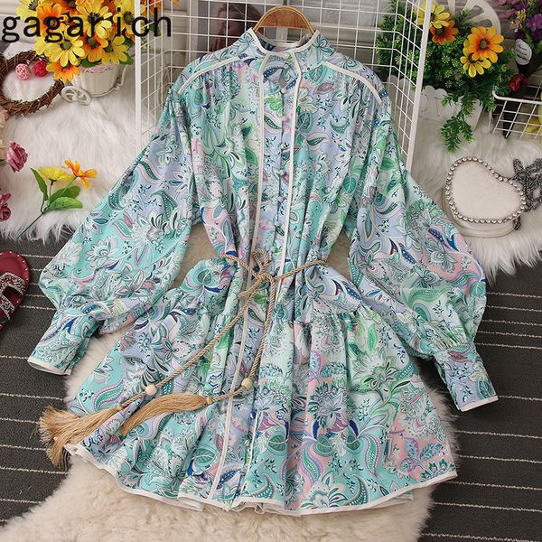 

basic casual dresses gagarich woman court style vintage dress spring autumn stand collar printed lantern sleeve lace up waist elegant vestid, Black;gray