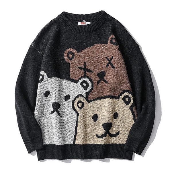 

men's sweaters cartoon bear sweater men loose harajuku korean style knitted pullovers couple oversized fashion ropa hombre spring autum, White;black