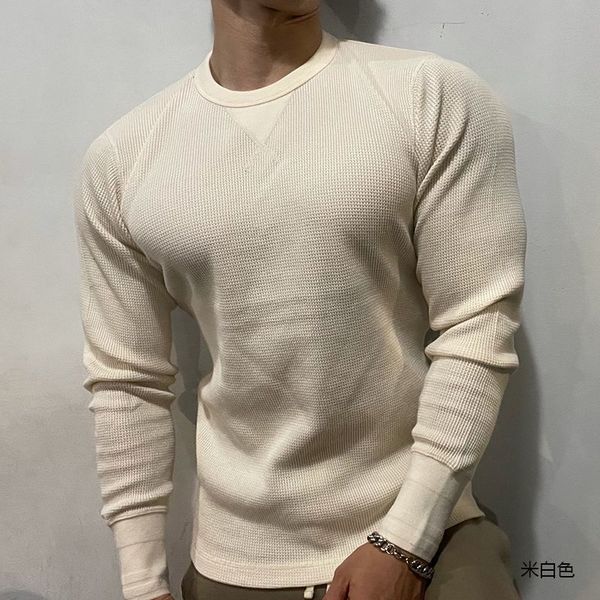 

men's sweaters 315g fitness sports waffle tshirt men cotton knitted muscle slim fit pullover leisure round neckline long sleeve jumper, White;black