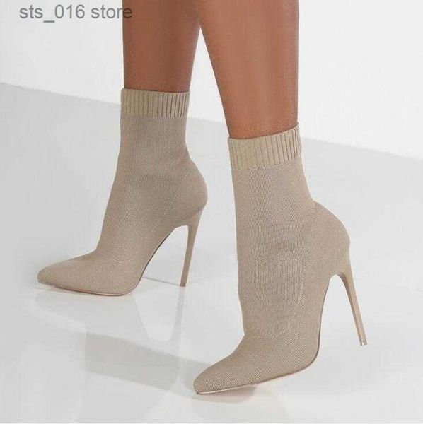 

boots luxury women socks shoes stretch fabric women ankle boots pointed toe high heels slip-on sock heeled chelsea boots size t230829, Black