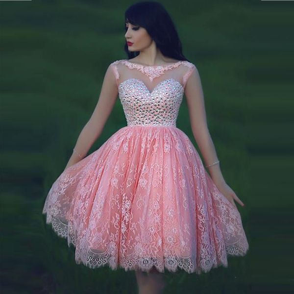 

pink backless crystal homecoming dresses scoop neck long sleeves prom dresses tulle above knee length mini cocktail dresses, Blue;pink