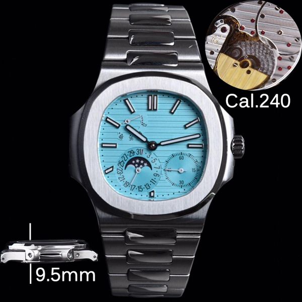 

luxury ultrathin 9.5mm watch mens blue dial pp watches 5712 eta cal.240 automatic super movement quality 904l stainless steel waterproof wri, Slivery;brown