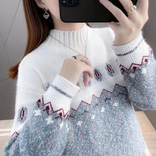 

women's sweater mink 2023 autumn winter pullover female half high collar loose knit ladies warm knitting coat 230828, White;black