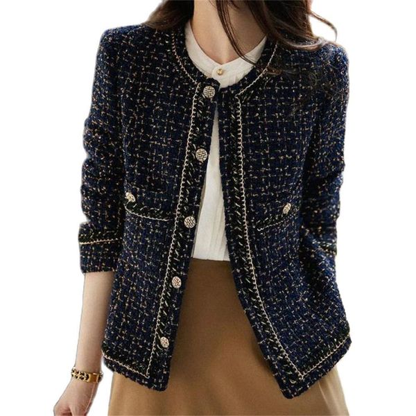 

womens wool blends korean style tweed jackets women elegant blend coat with pocketsfemale autumn single breasted outwear office lady 230828, Black
