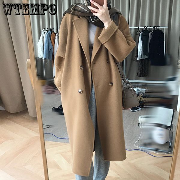 

womens wool blends wtempo double sided cashmere coat medium long woolen oat autumn and winter premium hepburn style overcoat 230828, Black