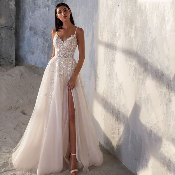 

urban dresses spaghetti strap wedding dress a line sleeveless side slit lace appliques backless custom made to measures robe de mariee beach, White;black