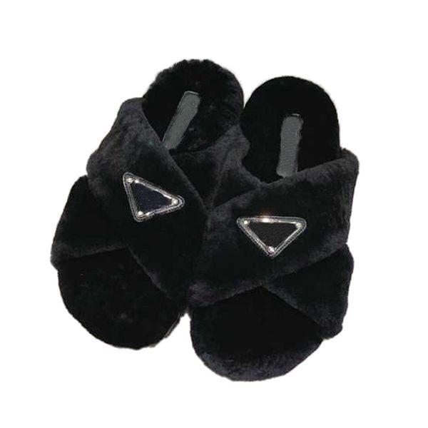 

designer fur slippers trendy fur slides sandals women fluffy shearling wool flat bottom slippers winter fashion fur slippers 03, Black