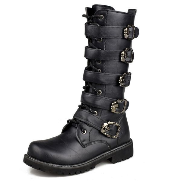 

boots large size 3846 mens leather motorcycle midcalf military combat gothic belt punk men shoes rock 230829, Black