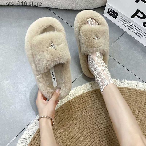 

slippers winter fashion soft comfort flat fur slippers brand designer slip on loafers mules flip flops casual indoor warm slippers women t23, Black