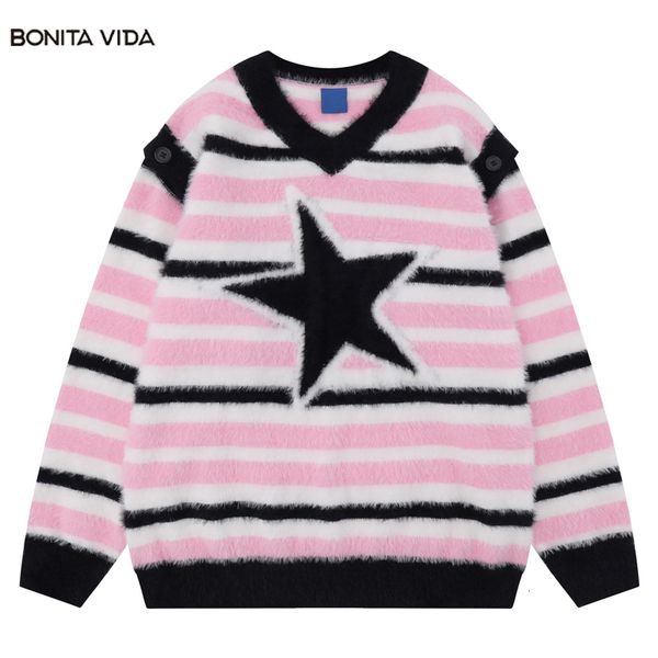 

men's sweaters harajuku star detachable sleeve sweater men autumn streetwear hip hop knitted fluffy fuzzy stripe jumper pullover casual, White;black