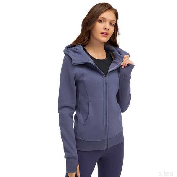

warm lu-028 thickened hooded women's jacket sports yoga zipper hoodies thumb hole fitness coat, Black;brown