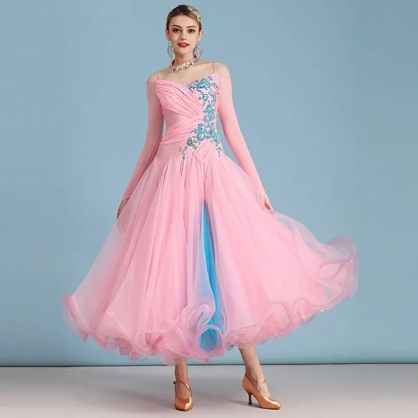 

stage wear pink contrast color off shoulder ballroom competition dance dress waltz for dancing clothes rumba costumesstage, Black;red